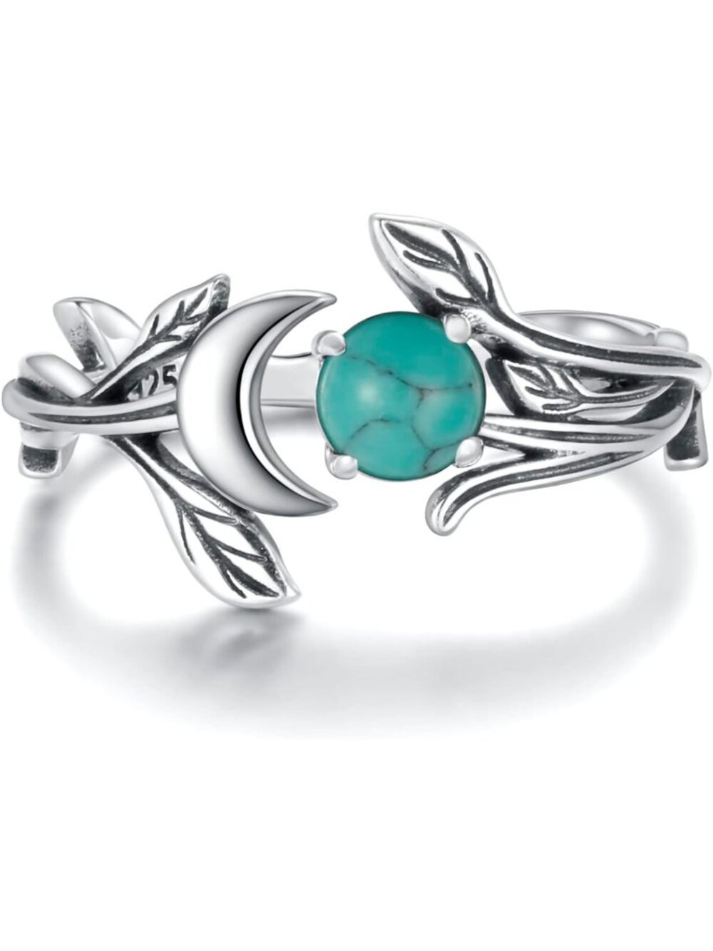 Adjustable Crescent Moon Ring with Moonstone, Turquoise & Fire Opal in 925